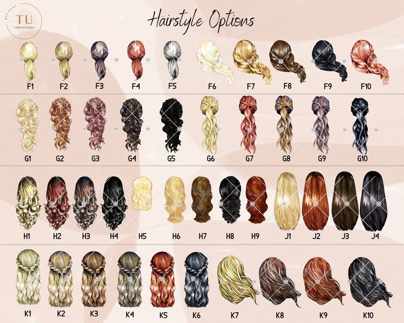 May include: A chart of 40 different hairstyle options for women. The hairstyles are illustrated with drawings of women's heads with different hair colors and styles. The chart is labeled "Hairstyle Options".