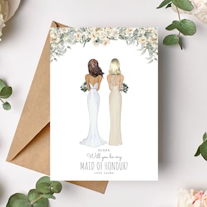 Willst du meine Trauzeugin sein Karte - Personalisiert - Brautjungfer Kartenvorschlag - Braut Brautjungfer Illustration - Trauzeugin - Weiße Blumen
