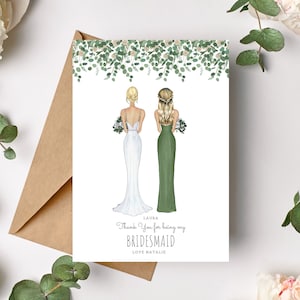 Tarjeta de agradecimiento de dama de honor - Personalizada - Propuesta de dama de honor - Tarjeta de dama de honor Ilustración de novia y dama de honor - Eucalipto de dama de honor