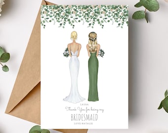 Bridesmaid Thank you Card - Personalised - Bridesmaid Proposal - Bridesmaid Card Bride & Bridesmaid Illustration - Maid of Honor Eucalyptus