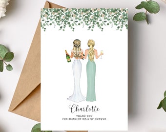 Tarjeta de agradecimiento de dama de honor - personalizada - propuesta de tarjeta de dama de honor - ilustración de novia y dama de honor - eucalipto de dama de honor