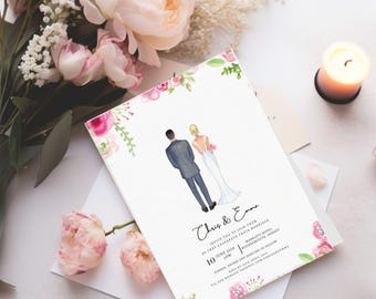 Invitaciones de boda con retratos de pareja - Invitaciones de boda modernas en tonos pastel - Paquete de invitaciones personalizadas clásicas - Diseño floral de verano para novios