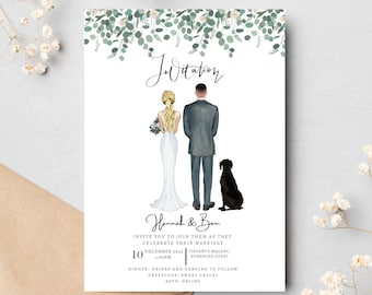 Paar-Portrait-Hochzeitseinladungen – individuelle Portrait-Save-the-Date-Karten – Familien-Haustierportrait-Illustration – Eukalyptus-Hochzeit – Boho