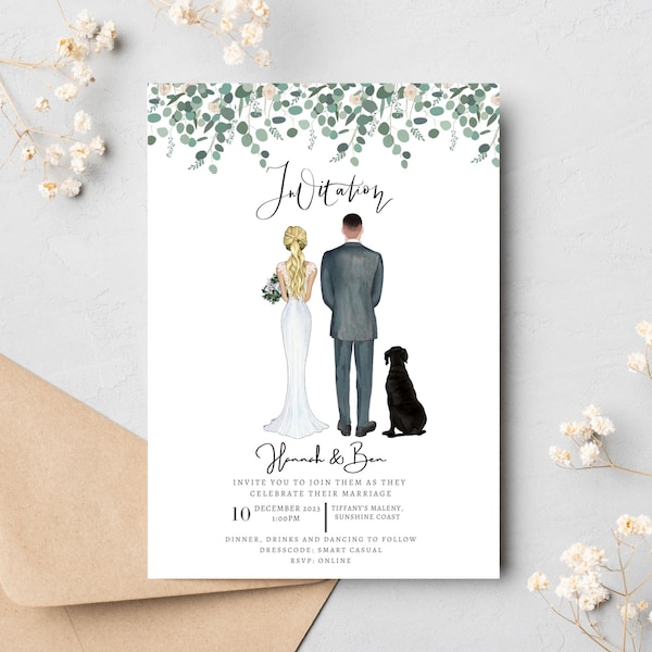 Invitaciones de boda con retrato de pareja - Retrato personalizado Guardar las tarjetas de fecha - Ilustración de retrato de mascota familiar - Boda de eucalipto - Boho