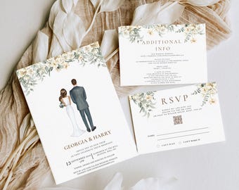 Invitaciones de boda con retratos de pareja - Floral neutro