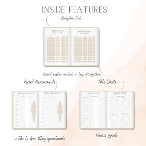 Peut inclure: Un planificateur de mariage avec des pages pour le budget, les listes de fournisseurs, les plans de table et les mesures de robe. Les pages sont beiges avec du texte noir et des lignes.