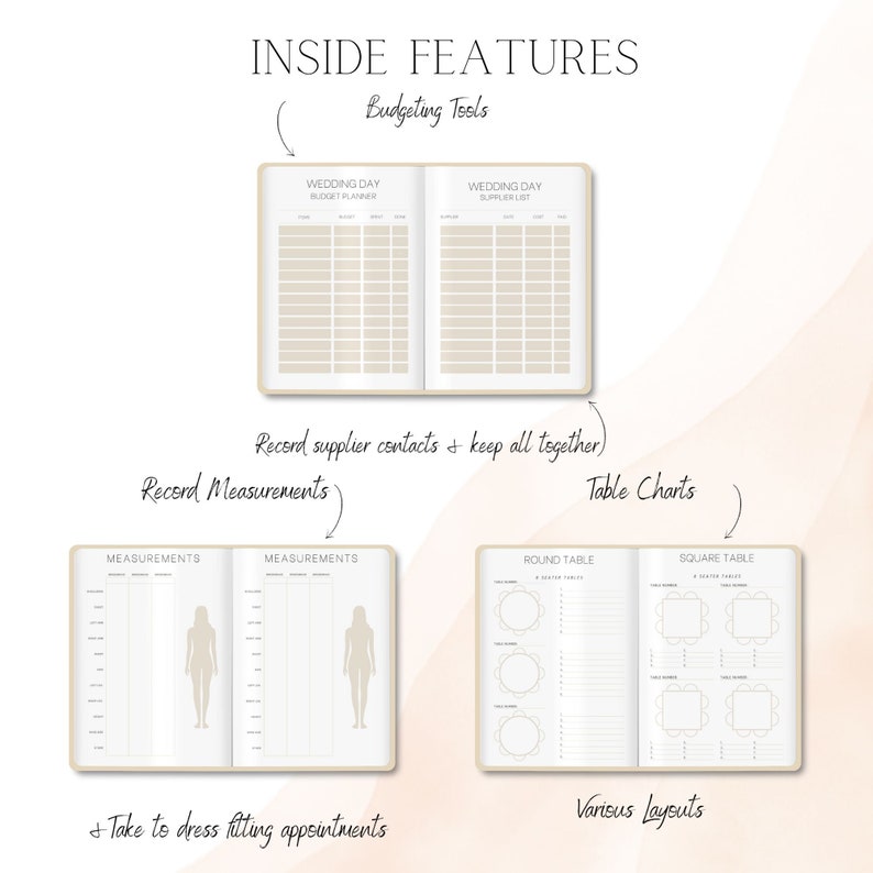 Peut inclure: Un planificateur de mariage avec des pages pour le budget, les listes de fournisseurs, les plans de table et les mesures de robe. Les pages sont beiges avec du texte noir et des lignes.