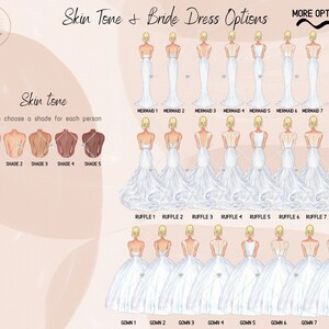 May include: A chart with illustrations of different skin tones and bridal dress styles. The chart includes eight different skin tones, eight different mermaid-style dresses, eight different ruffle-style dresses, and eight different gown-style dresses.