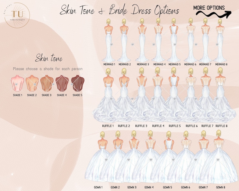 May include: A chart with illustrations of different skin tones and bridal dress styles. The chart includes eight different skin tones, eight different mermaid-style dresses, eight different ruffle-style dresses, and eight different gown-style dresses.