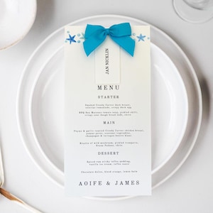 Menu e cartão de lugar para casamento no destino - Design de oceano tropical com laço turquesa Cartões de nome de convidados para casamento Menu personalizado Casamento na praia