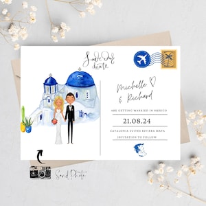 Postcard Destination Wedding Save the Date Cards - Greece Greek Design - Custom Couple Portrait Illustration Invitations - Postcard Design