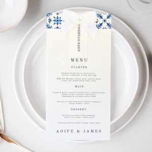Menú de boda y tarjeta de lugar: diseño griego con estilo de lazo blanco Tarjetas con nombres para invitados a la boda Menú Boda personalizada Grecia