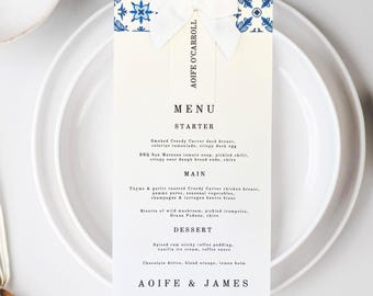 Tarjeta de lugar para el menú de boda griega: lazo blanco, cartulina de lino