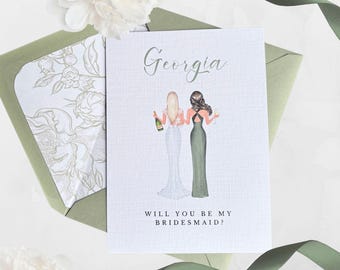 Tarjeta "¿Quieres ser mi dama de honor?" - Personalizada - Ilustración de regalo para propuesta de dama de honor - Diseño floral verde damasco