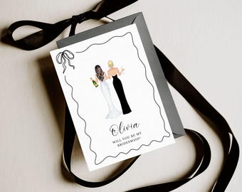 ¿Quieres ser mi dama de honor? - Tarjeta personalizada - Propuesta para damas de honor - Ilustración de novia y damas de honor - Propuesta minimalista en negro