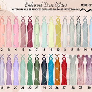 May include: A chart of 31 different bridesmaid dress styles. The dresses are all long and have a variety of colors, including pink, blue, green, red, and yellow. The chart is labeled with numbers 1 through 31.