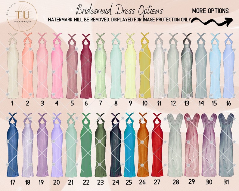 May include: A chart of 31 different bridesmaid dress styles. The dresses are all long and have a variety of colors, including pink, blue, green, red, and yellow. The chart is labeled with numbers 1 through 31.