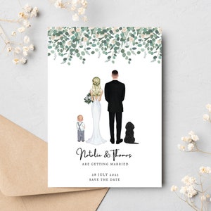 Paar Portrait Save the Date Karten - Individuelles Portrait Hochzeitseinladungen Familie Haustier Portrait Illustration - Eukalyptus Hochzeit - Boho