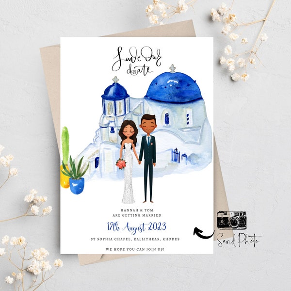 Destination Wedding Save the Date Cards - Greece Greek Design - Custom Couple Portrait Illustration Invitations - Change the Date