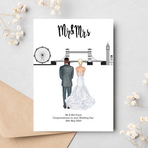 Partecipazione di nozze London Skyline Cityscape - Illustrazione di coppia personalizzata - Custom Bride & Groom - Modern Wedding Day Card