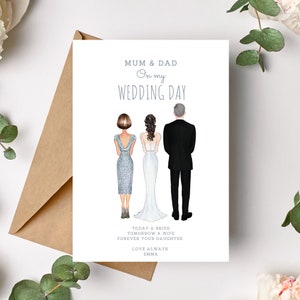 Mum, Mum & Dad Wedding Card, Personalised Father Mom Wedding Proposal Card, Mum, Dad, Daughter Illustration, Parents Portrait Wedding Card