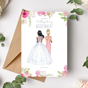 Wil jij mijn bruidsmeisjekaart zijn - gepersonaliseerd - bruidsmeisje voorstel - aangepaste illustratie - Maid of Honor voorstel kaart Blush bloemmotief