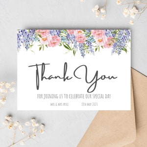 Carte de remerciement de mariage - Personnalisée - Invité de mariage Merci - Carte de remerciement Fête nuptiale - Fleurs pastel florales - Cadeau de remerciement