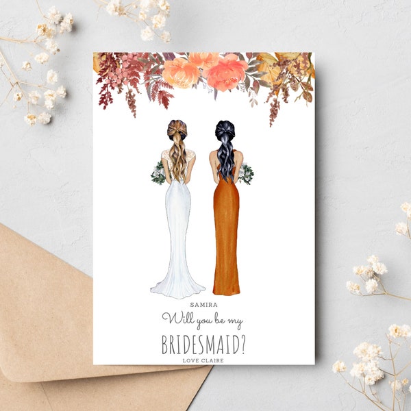 Will you be my Bridesmaid Card - Personalised - Bridesmaid Proposal - Bride & Bridesmaid Illustration - Maid of Honor Proposal - Rustic Fall