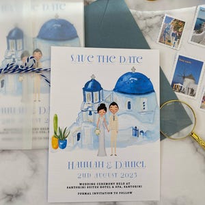 Invitation île grecque de Santorin - Cartes de réservation pour mariage à destination - Design grec Grèce - Illustration de portrait de couple personnalisé - Santorin