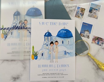 Santorini Save the Date Cards: Greece Destination Wedding, Custom Portrait