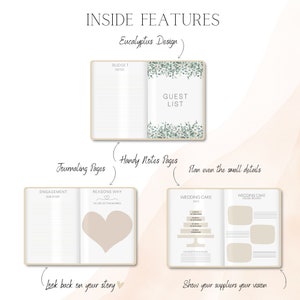 Peut inclure: Un planificateur de mariage avec un design eucalyptus. Le planificateur comprend des sections pour le budget, les listes d'invit&eacute;s, la tenue d'un journal et la planification du g&acirc;teau de mariage. Le planificateur a une couverture brun clair avec un int&eacute;rieur blanc.