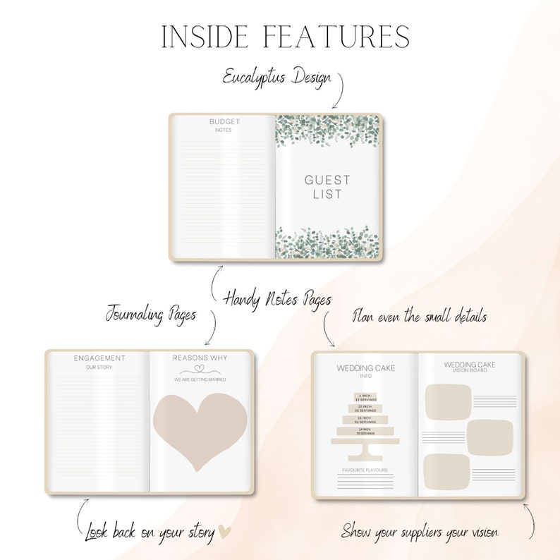 Peut inclure: Un planificateur de mariage avec un design eucalyptus. Le planificateur comprend des sections pour le budget, les listes d'invit&eacute;s, la tenue d'un journal et la planification du g&acirc;teau de mariage. Le planificateur a une couverture brun clair avec un int&eacute;rieur blanc.