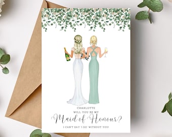 ¿Serás mi tarjeta de dama de honor - Personalizada - Propuesta de tarjeta de dama de honor - Ilustración de novia y dama de honor - Eucalipto de dama de honor