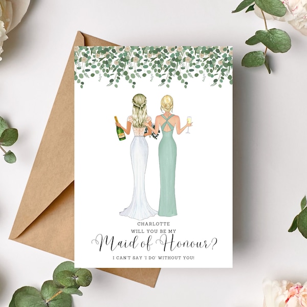 Will you be my Maid of Honour Card - Personalised - Bridesmaid Card Proposal - Bride & Bridesmaid Illustration - Maid of Honor Eucalyptus