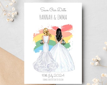 lgbt Wedding Save the Date Cards - LGBT Pride - Invitations - Custom Wedding Portrait Illustration Pet Dog  - Groom Couple Cartoon Sketch