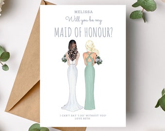 Will you be my Maid of Honour Card - Personalised - Bridesmaid Proposal - Custom Bride & Bridesmaid Illustration - Maid of Honor Proposal