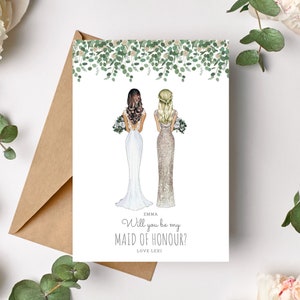 Will you be my Maid of Honour Card - Personalised - Bridesmaid Card Proposal - Bride & Bridesmaid Illustration - Maid of Honor Eucalyptus