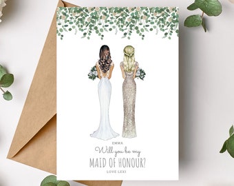 Will you be my Maid of Honour Card - Personalised - Bridesmaid Card Proposal - Bride & Bridesmaid Illustration - Maid of Honor Eucalyptus