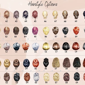 May include: A chart with 50 different hairstyle options for a customizable illustration. The hairstyles are numbered A1 through E10. Each hairstyle is a different color, including blonde, brown, black, red, and gray.