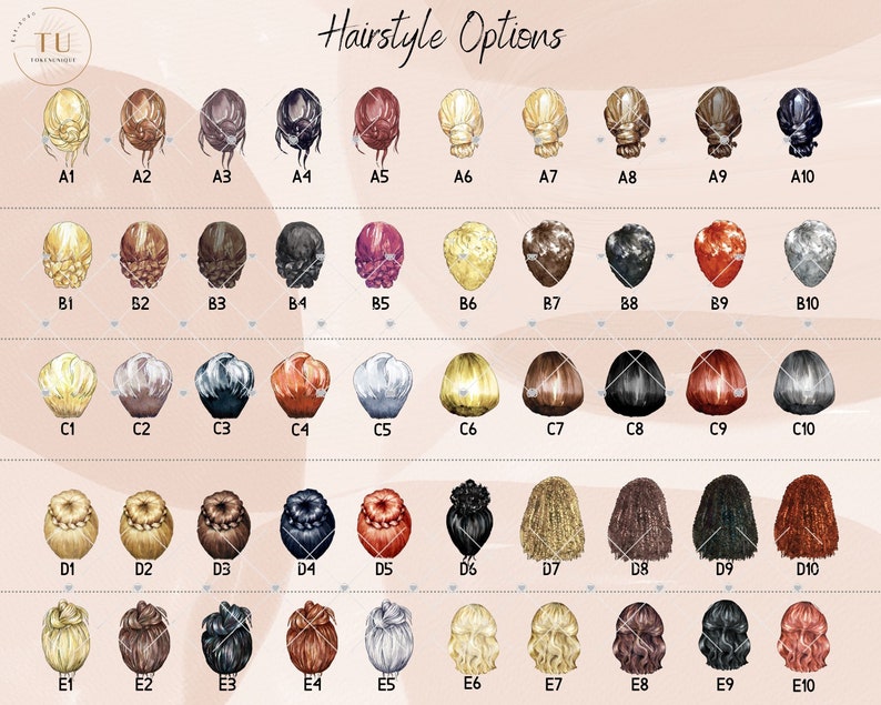 May include: A chart with 50 different hairstyle options for a customizable illustration. The hairstyles are numbered A1 through E10. Each hairstyle is a different color, including blonde, brown, black, red, and gray.