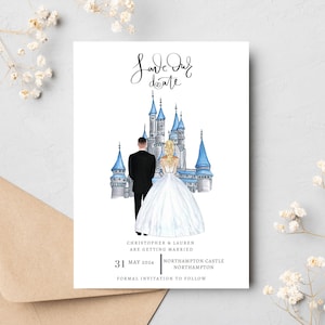 Fairytale Castle Inspired Save the Date  Personalised Wedding Couple Illustration Invite Custom Printed