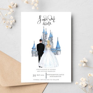 Fairytale Castle Inspired Save the Date  Personalised Wedding Couple Illustration Invite Custom Printed