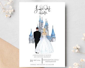 Fairytale Castle Inspired Save the Date  Personalised Wedding Couple Illustration Invite Custom Printed