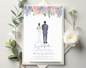 Invitaciones de boda personalizadas con retratos de pareja: flores de peonía en tonos pastel
