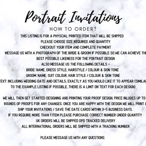 May include: A white marble-patterned background with black text that reads "Portrait Invitations." The text provides instructions on how to order, including details about size, quantity, and portrait specifics. It also mentions proofing and shipping.