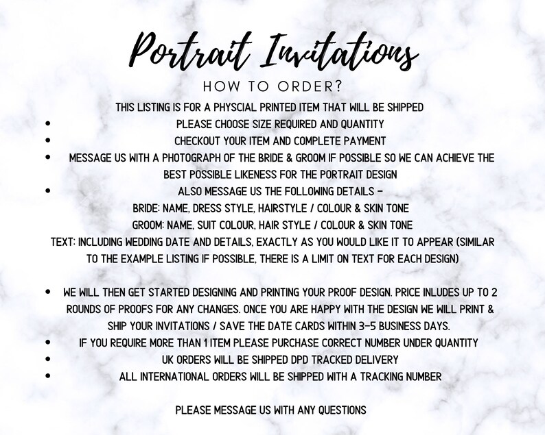 May include: A white marble-patterned background with black text that reads "Portrait Invitations." The text provides instructions on how to order, including details about size, quantity, and portrait specifics. It also mentions proofing and shipping.