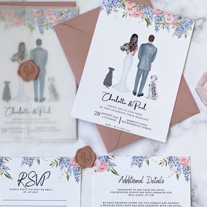 Suite di inviti per ritratti di nozze RSVP - Biglietti di invito per nozze - Pacchetto di inviti - Eleganti fiori di peonia - Floreale pastello - Rosa scuro