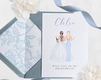 Tarjeta "¿Quieres ser mi dama de honor?" - Personalizada - Ilustración de regalo para propuesta de dama de honor - Diseño floral azul damasco