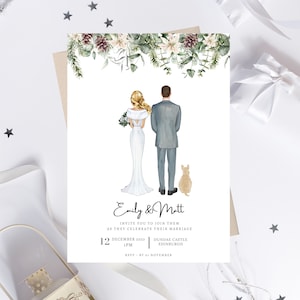 Weihnachten Hochzeit Paar Portrait Winter Hochzeitseinladungen - Benutzerdefinierte Portrait Save the Date Karten - Familien Haustier Portrait Illustration