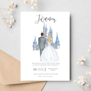 Fairytale Inspired Wedding Invitation Cards Fairytale Design - Custom Couple Portrait Illustration - Princess Castle